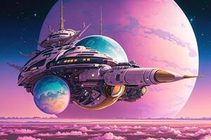 Dampfwelle Raumschiff, Rosa Außerirdischer Planet im Hintergrund, ai generiert foto