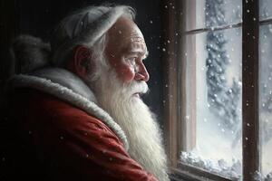 Santa sieht aus aus das Fenster beim das Schnee, Abend Schneefall, generativ ai. foto