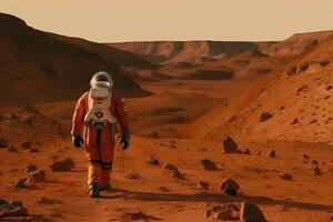 ein Astronaut im ein Raum passen Spaziergänge um das rot Planet von das Solar- System Mars, generativ a. foto
