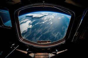 Aussicht von das Fenster von das Raumschiff zu Planet Erde, generativ ai. foto