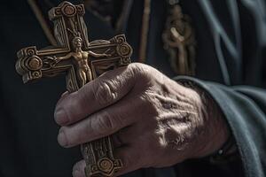 Kirche Priester hält religiös Kreuz im Hände. generativ ai foto