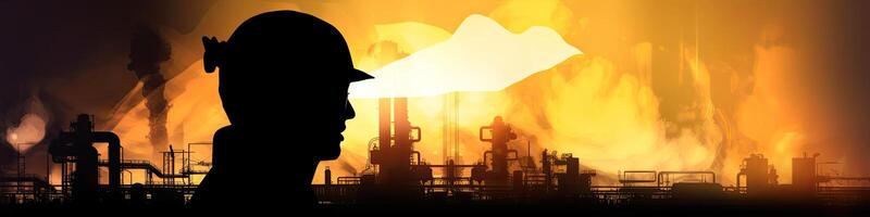Silhouette von industriell Arbeiter mit Öl Raffinerie Pflanze wie Hintergrund. generativ ai foto