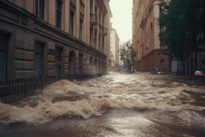 Überschwemmung auf das Stadt Straße. generativ ai foto