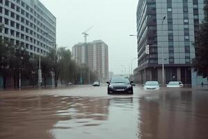 Überschwemmung auf das Stadt Straße. generativ ai foto
