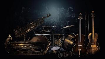 Musik- Tag, Illustration Hintergrund mit ein einstellen von Grafik kotnur Instrumente. ai generiert. foto