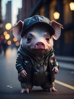 ein Schwein im ein Leder Jacke steht auf das Straße ai generiert foto