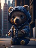 ein Bär tragen ein Jacke mit das Wort Bär auf es ai generiert foto