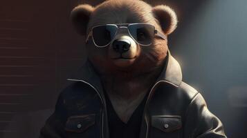 Bär tragen schwarz Jacke und Sonnenbrille, Digital Kunst Illustration, generativ ai foto