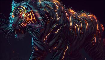 Neon- Tiger, Digital Kunst Illustration, generativ ai foto