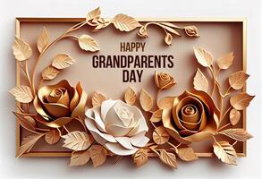 glücklich Großeltern Tag Gold Rahmen mit Papier Kunst Rosen. generativ ai foto