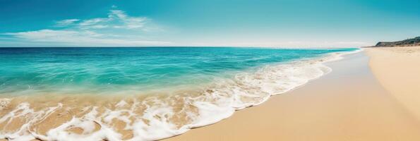 Panorama tropisch Meer und sandig Strand mit Blau Himmel Banner. generativ ai foto