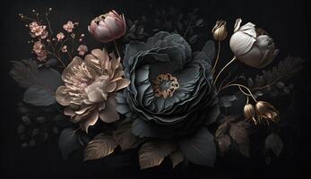 generativ ai, schließen oben von Blühen Blumenbeete von tolle schwarz Blumen auf dunkel gotisch launisch Blumen- texturiert Hintergrund. fotorealistisch Wirkung. foto