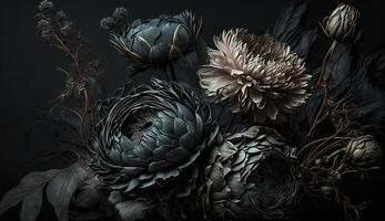 generativ ai, schließen oben von Blühen Blumenbeete von tolle schwarz Blumen auf dunkel gotisch launisch Blumen- texturiert Hintergrund. fotorealistisch Wirkung. foto