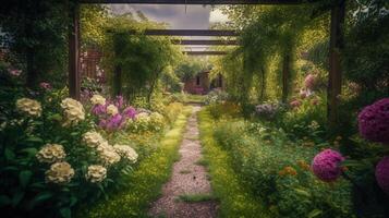 generativ ai, schön Sommer- Privat Garten mit viele Blumen und Pflanzen, Natur Landschaft, Englisch Landschaft Hütte Stil foto