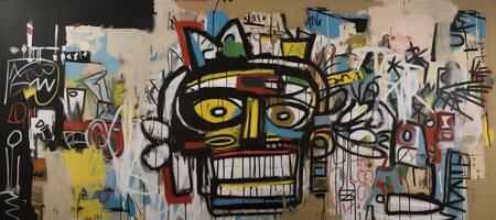 generativ ai, Straße Graffiti abstrakt Kunst mit hässlich Gesicht auf ein texturiert Mauer Jahrgang Hintergrund, inspiriert durch jean-michel Basquiat, Neu York städtisch Stil. foto