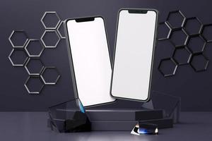 2 Smartphones auf Podeste Hexagon Designs und Glas Würfel foto