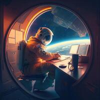 ai generiert ein Astronaut lösen Daten mit Computer Innerhalb von ein Rakete draußen auf Erde foto