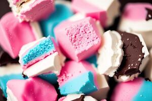 ein Sortiment von bunt Süßigkeiten, Schokolade, Riegel und Schokolade Stücke, Süss Lebensmittel. schließen oben von bunt Marshmallows. generativ ai foto