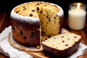 Weihnachten Kuchen mit Rosinen und pulverisiert Zucker. Panettone Kuchen mit Rosinen und Glasur Zucker. generativ ai foto