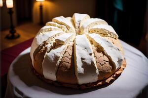 frisch gebacken Brot auf ein hölzern Planke, Nahansicht. Französisch Brot. Laib von Weiß Brot. generativ ai foto