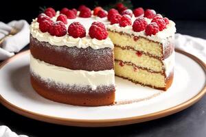 Schokolade Kuchen mit Himbeeren und Sahne auf ein hölzern Tisch. hausgemacht Kuchen mit Nüsse und Honig. generativ ai foto