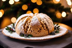 frisch gebacken Brot auf ein hölzern Planke, Nahansicht. Französisch Brot. Laib von Weiß Brot. generativ ai foto