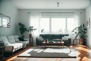 Innere von modern Leben Zimmer mit Sofa, Kaffee Tabelle und Pflanzen. generativ ai foto