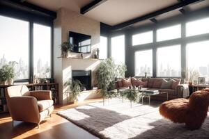 Innere von modern Leben Zimmer mit Sofa, Kaffee Tabelle und Pflanzen. generativ ai foto