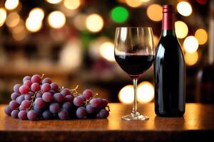 Glas von rot Wein und Trauben auf ein hölzern tisch.flasche und Glas von rot Wein mit Trauben. generativ ai foto