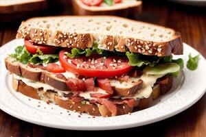 Sandwich mit Speck, Käse, Tomate und Grüner Salat auf hölzern Tabelle foto