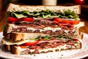 Sandwich mit Speck, Käse, Tomate und Grüner Salat auf hölzern Tabelle foto