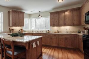 Küche Innere mit hölzern Schränke und Küche Insel. generativ ai foto