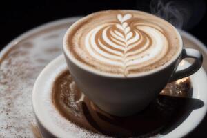 Tasse von Cappuccino mit Latté Kunst auf hölzern Hintergrund. generativ ai foto