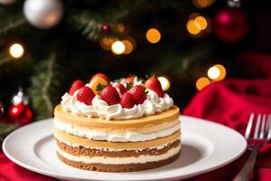 bayerisch Creme. gekocht Pudding. Stück von Weihnachten Käsekuchen mit Himbeeren auf ein hölzern Tisch. hausgemacht Kuchen mit Nüsse und Honig. generativ ai foto