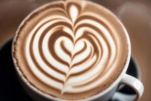 Tasse von Cappuccino mit Latté Kunst auf hölzern Hintergrund. generativ ai foto