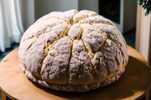 frisch gebacken Brot auf ein hölzern Planke, Nahansicht. Französisch Brot. Laib von Weiß Brot. generativ ai foto