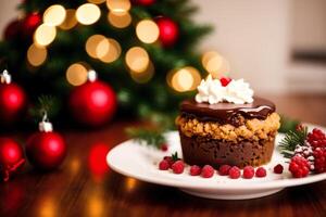 Weihnachten Kuchen mit ausgepeitscht Sahne und frisch Beeren auf ein hölzern Tisch. köstlich Pudding mit Himbeere Soße. generativ ai foto