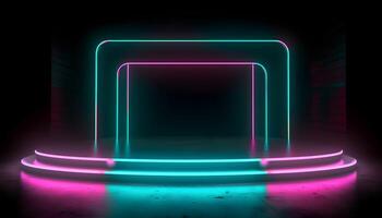 futuristisch Bühne bunt Neon- Beleuchtung Stufen Zimmer Hintergrund und Hintergrund, leeren Podium zum Produkt Anzeige oder Präsentationen, abstrakt modern, perfekt zum Vitrinen und modern Projekte. 3d Wiedergabe. foto