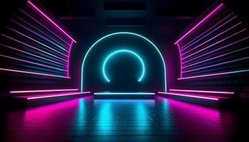 futuristisch Bühne bunt Neon- Beleuchtung Stufen Zimmer Hintergrund und Hintergrund, leeren Podium zum Produkt Anzeige oder Präsentationen, abstrakt modern, perfekt zum Vitrinen und modern Projekte. 3d Wiedergabe. foto