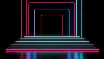 futuristisch Bühne bunt Neon- Beleuchtung Stufen Zimmer Hintergrund und Hintergrund, leeren Podium zum Produkt Anzeige oder Präsentationen, abstrakt modern, perfekt zum Vitrinen und modern Projekte. 3d Wiedergabe. foto