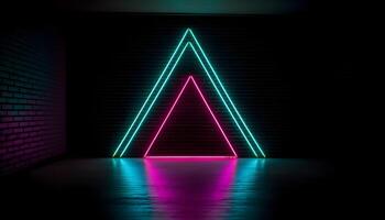 futuristisch Bühne bunt Neon- Beleuchtung Stufen Zimmer Hintergrund und Hintergrund, leeren Podium zum Produkt Anzeige oder Präsentationen, abstrakt modern, perfekt zum Vitrinen und modern Projekte. 3d Wiedergabe. foto