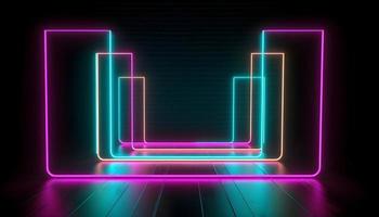 futuristisch Bühne bunt Neon- Beleuchtung Stufen Zimmer Hintergrund und Hintergrund, leeren Podium zum Produkt Anzeige oder Präsentationen, abstrakt modern, perfekt zum Vitrinen und modern Projekte. 3d Wiedergabe. foto