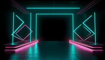 futuristisch Bühne bunt Neon- Beleuchtung Stufen Zimmer Hintergrund und Hintergrund, leeren Podium zum Produkt Anzeige oder Präsentationen, abstrakt modern, perfekt zum Vitrinen und modern Projekte. 3d Wiedergabe. foto