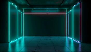 futuristisch Bühne bunt Neon- Beleuchtung Stufen Zimmer Hintergrund und Hintergrund, leeren Podium zum Produkt Anzeige oder Präsentationen, abstrakt modern, perfekt zum Vitrinen und modern Projekte. 3d Wiedergabe. foto