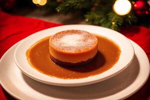 bayerisch Creme. gekocht Pudding. Stück von Weihnachten Käsekuchen mit Himbeeren auf ein hölzern Tisch. hausgemacht Kuchen mit Nüsse und Honig. generativ ai foto