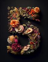 Nummer 5 gemacht von Blumen und Blätter auf schwarz Hintergrund, erstellt mit generativ ai foto