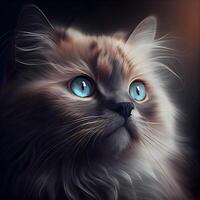 Porträt von ein schön Katze mit Blau Augen auf ein schwarz Hintergrund., ai generativ Bild foto