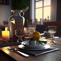 Luxus Tabelle Rahmen zum ein romantisch Abendessen. 3d Wiedergabe, ai generativ Bild foto