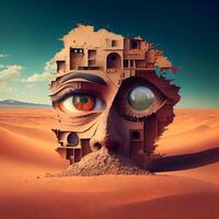 3d Illustration von ein Mann im das Wüste mit ein Sand Schloss, ai generativ Bild foto