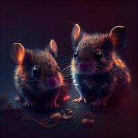 zwei süß wenig Mäuse auf ein dunkel Hintergrund. Nahaufnahme., ai generativ Bild foto